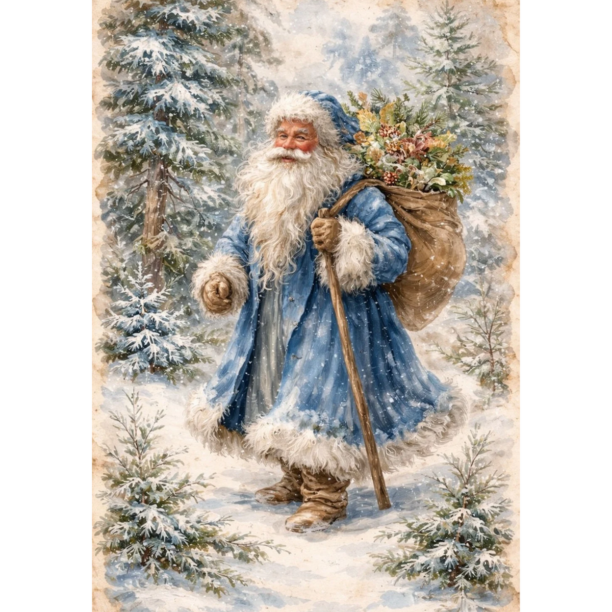 Mini Wet Transfer, Decals for Crafts 3.25" x 5" - Blue Santa