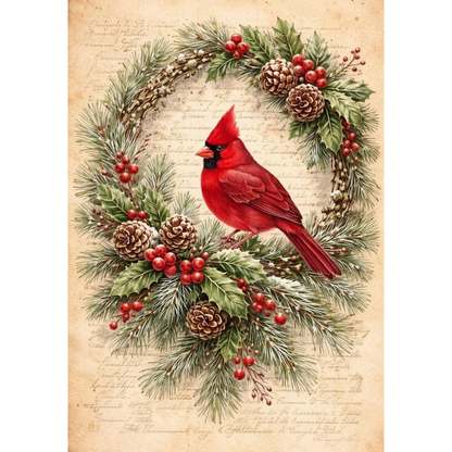 Mini Wet Transfer, Decals for Crafts 3.25" x 5" - Cardinal Wreath