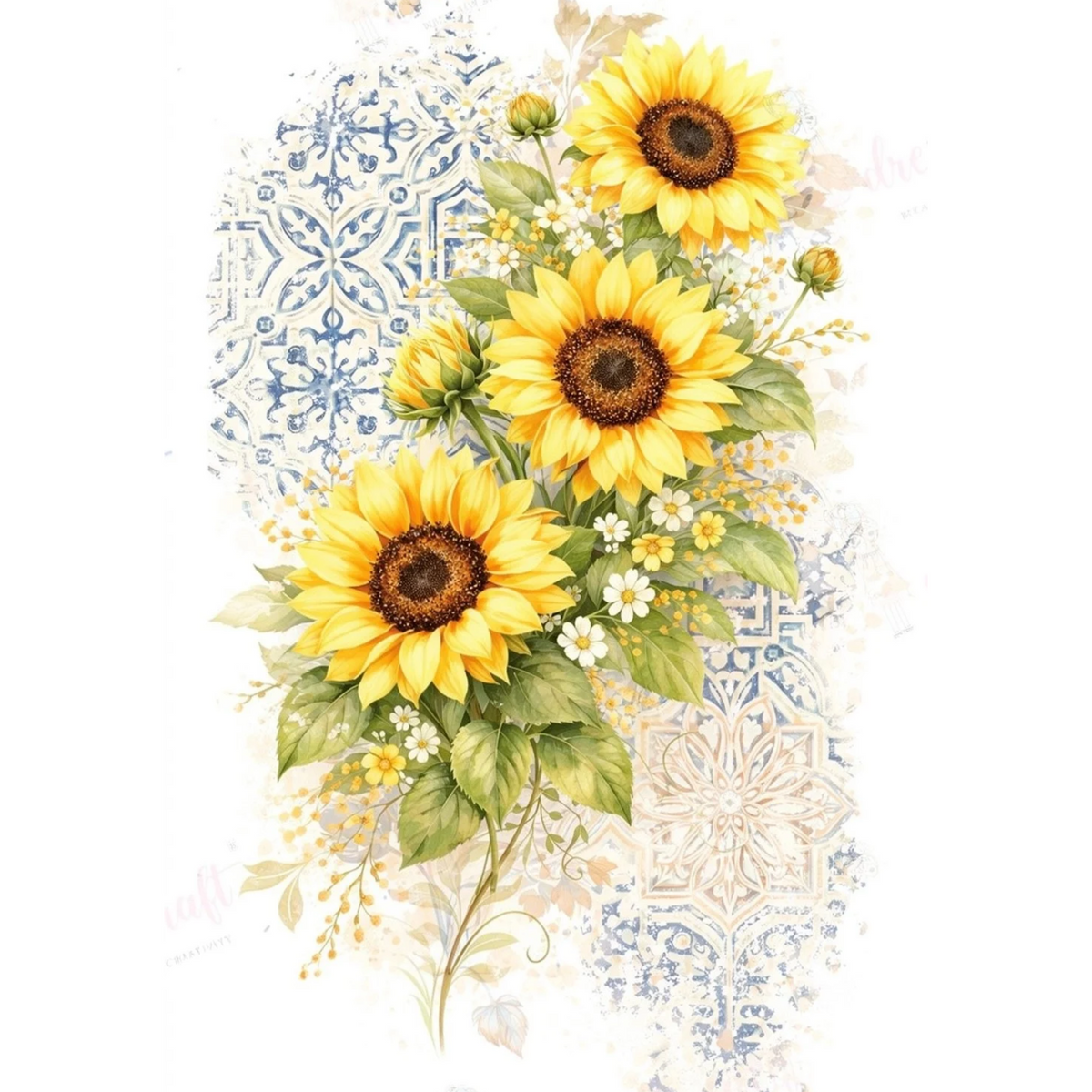 Mini Wet Transfer, Decals for Crafts 3.25" x 5" - Sunflowers on Blue