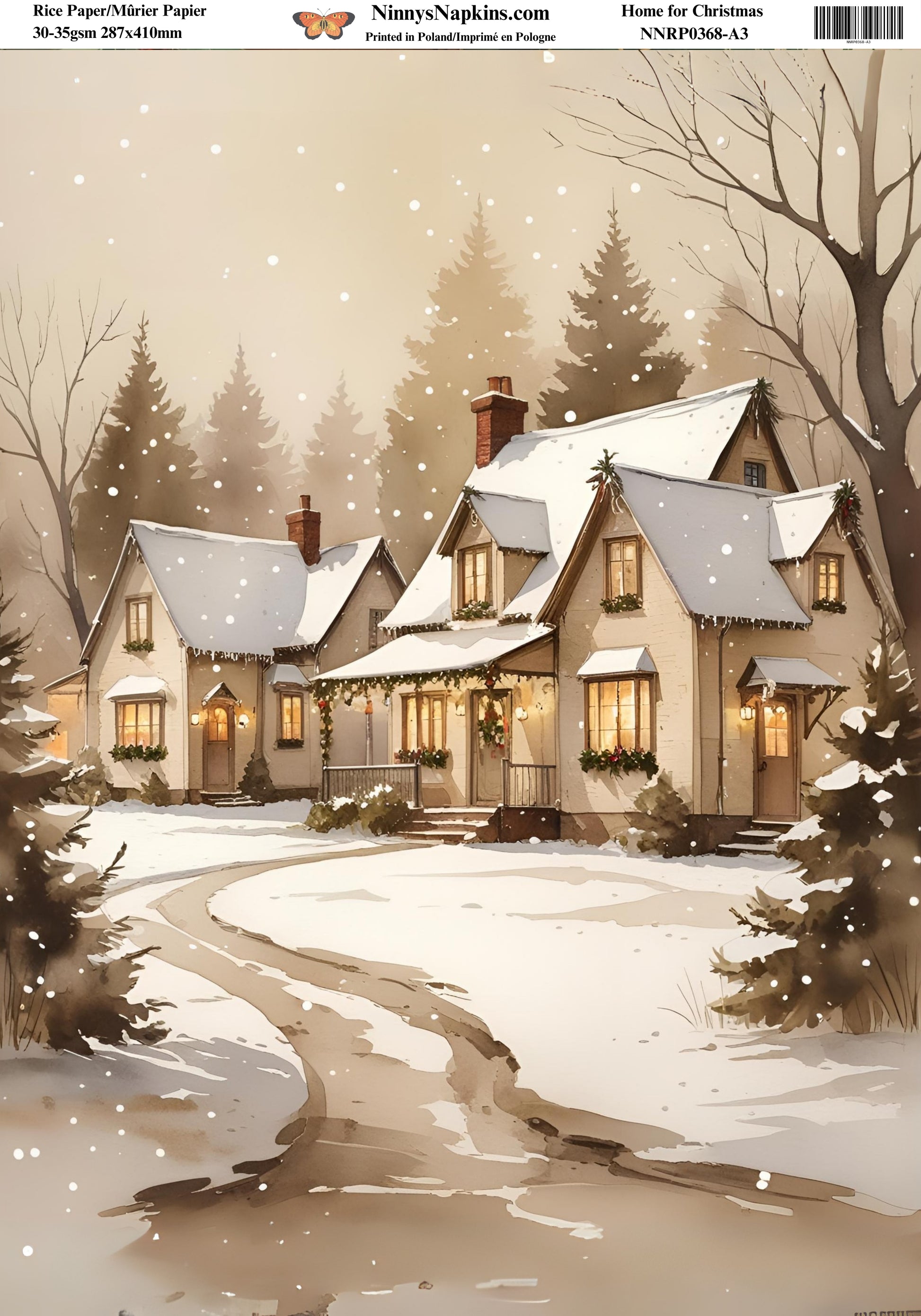 Illustration of a snowy village with houses and trees, featuring NinnysNapkins.com branding.