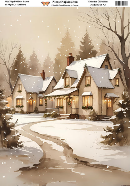 Illustration of a snowy village with houses and trees, featuring NinnysNapkins.com branding.