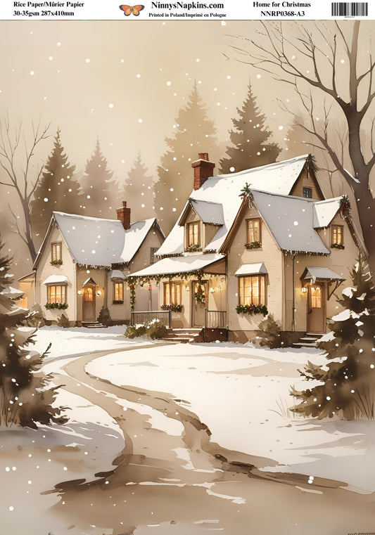 Illustration of a snowy village with houses and trees, featuring NinnysNapkins.com branding.
