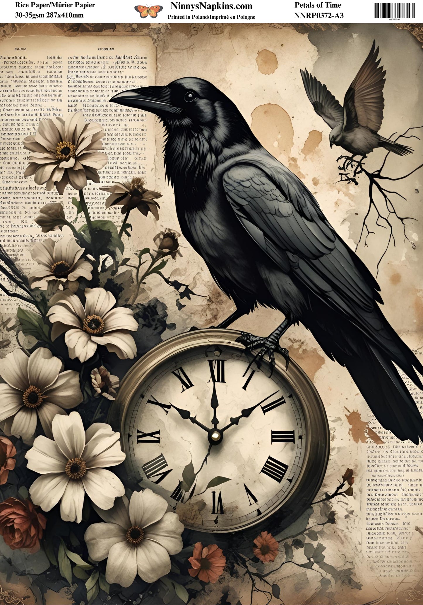 Decorative paper with a crow, clock, and flowers on a vintage-style background
