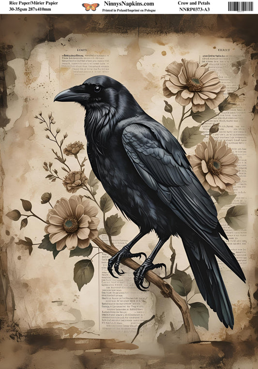 Decoupage Rice Paper - Crow and Petals