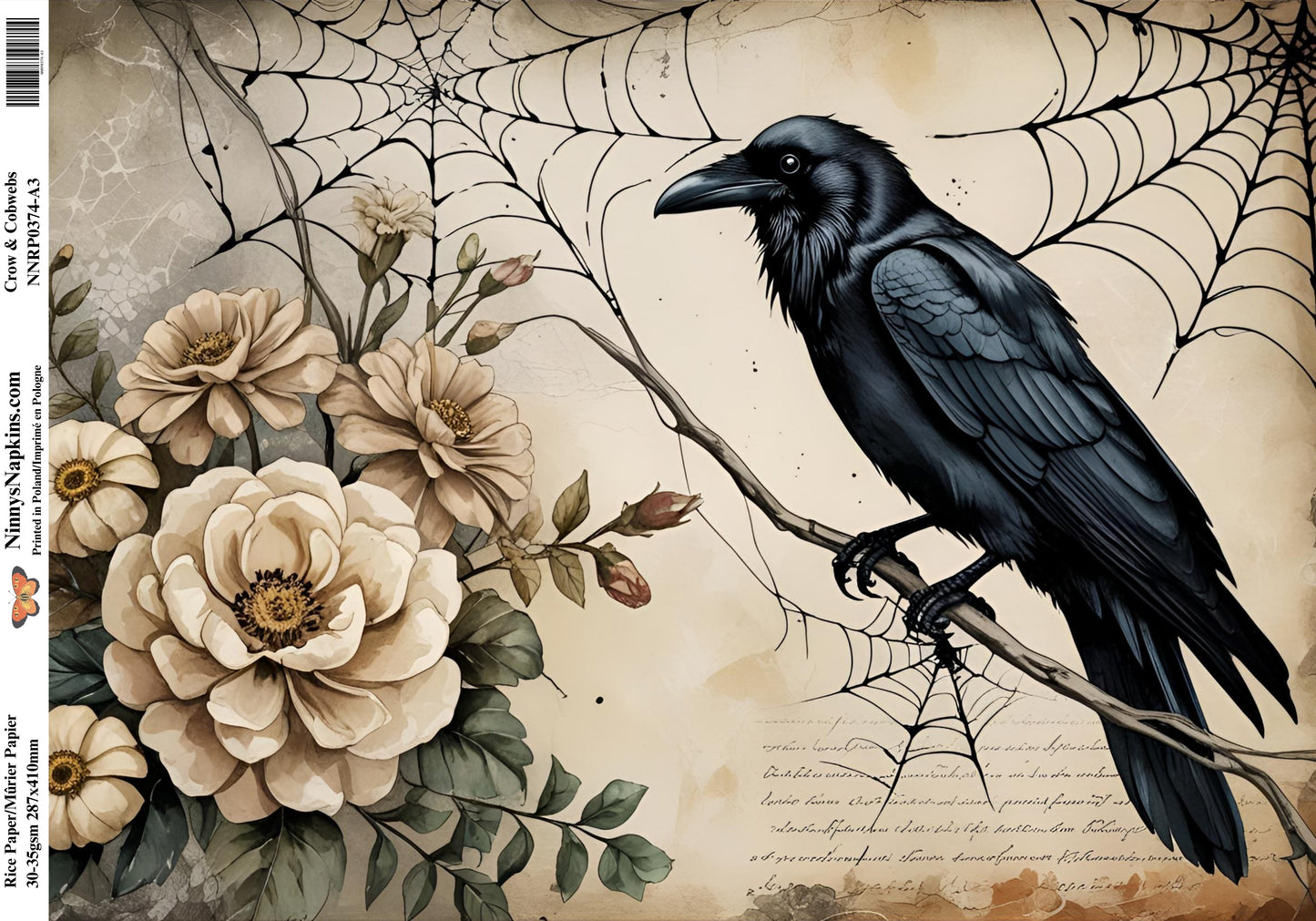 Decorative paper with a black crow, flowers, and spider webs on a textured background.