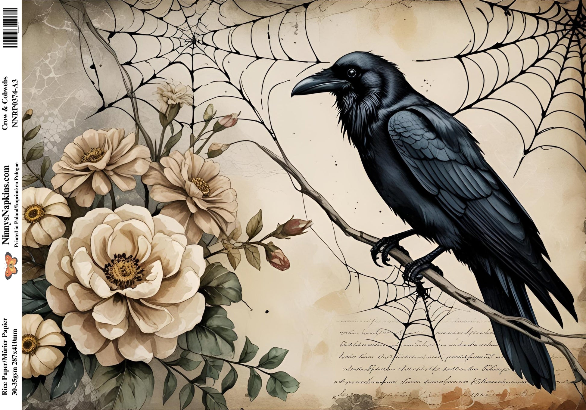 Decorative paper with a black crow, flowers, and spider webs on a textured background.