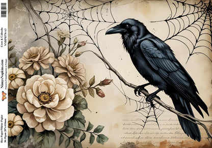 Decorative paper with a black crow, flowers, and spider webs on a textured background.