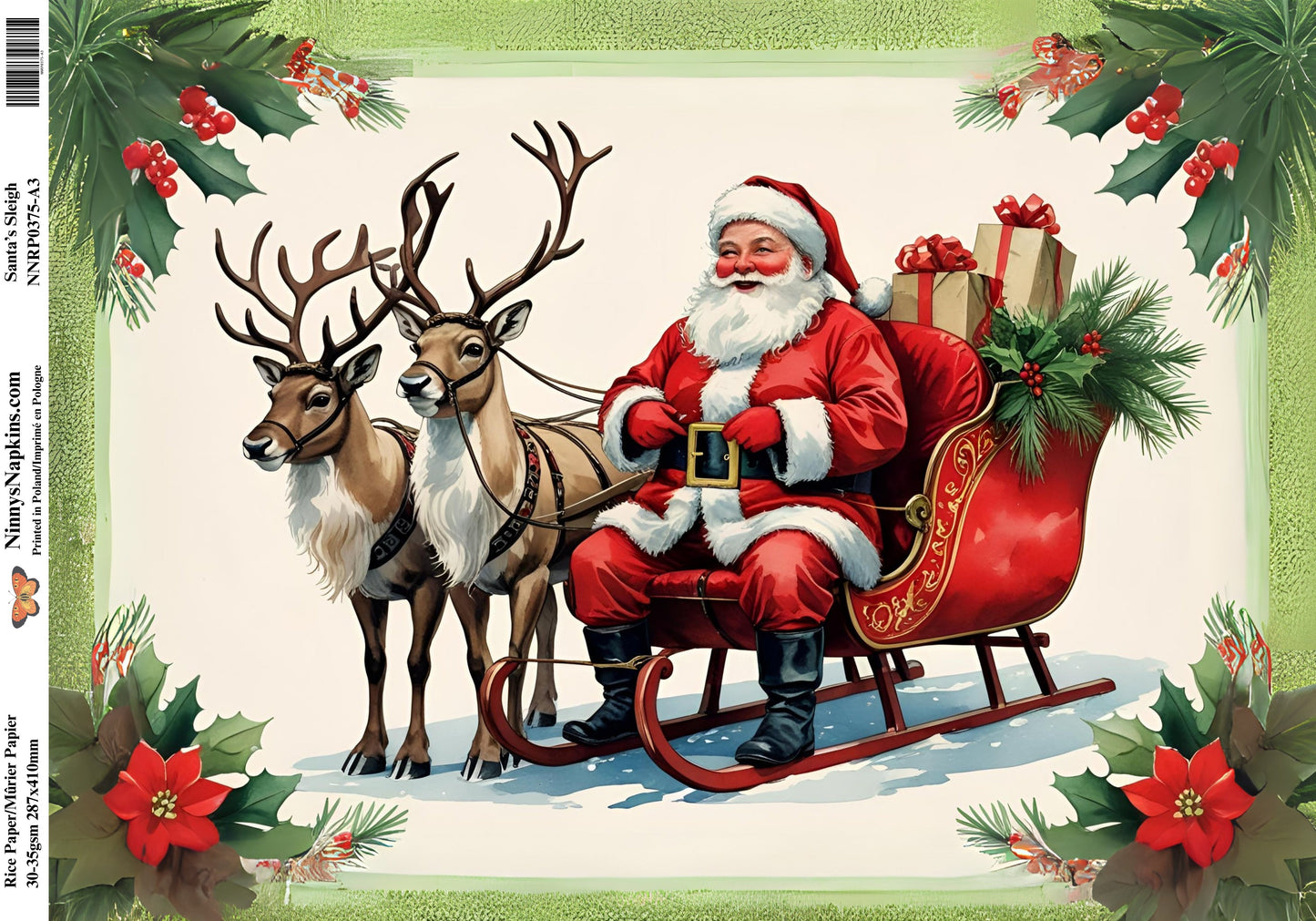 Napkin with Santa Claus in a sleigh surrounded by reindeer, holly leaves, and berries on a green background.