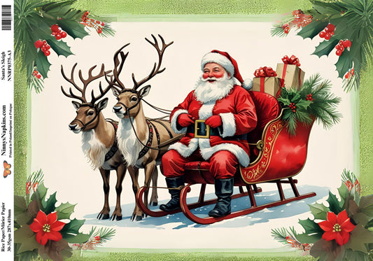 Napkin with Santa Claus in a sleigh surrounded by reindeer, holly leaves, and berries on a green background.