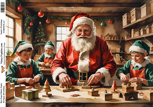 Santa Claus and elves working on a wooden toy factory with Christmas decorations.