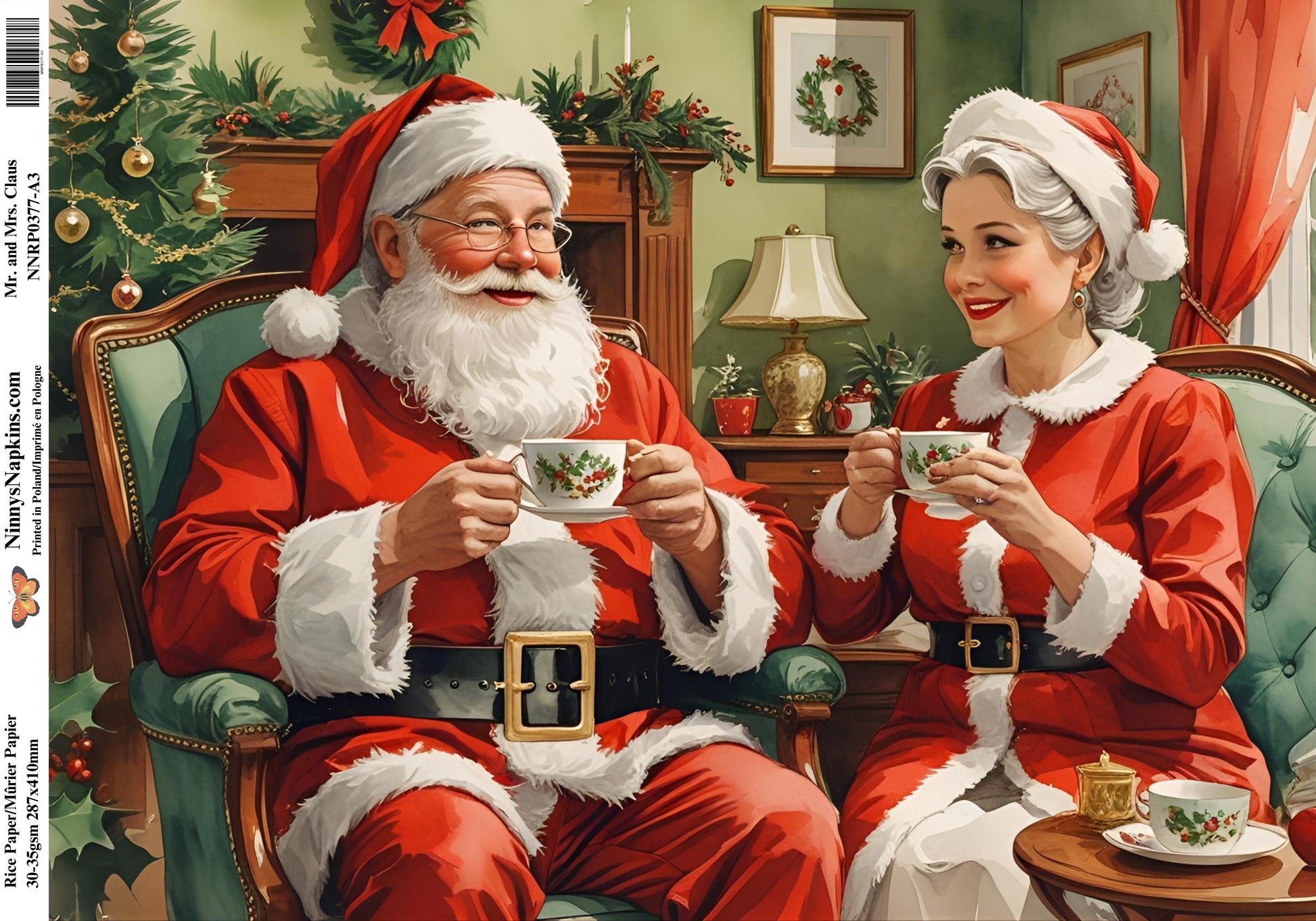 Vintage-style illustration of Santa Claus and Mrs. Claus sitting together, drinking tea.