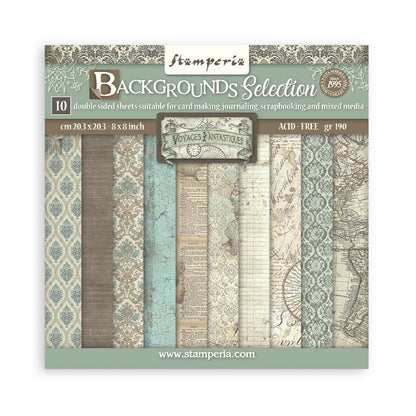 Stamperia 8" Scrapbook Paper Pad - Backgrounds Selection, Voyages Fantastiques