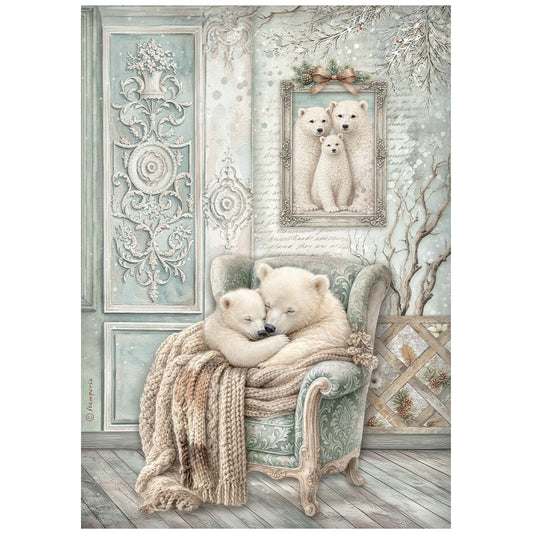 Stamperia Rice Paper A4 - White Christmas, Cozy Bears