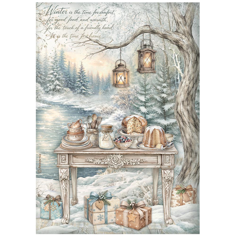 Stamperia Rice Paper A4 - White Christmas, Festive Table by the Lake