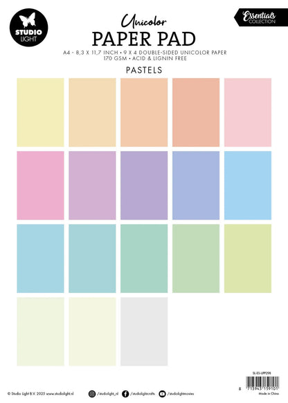 Unicolor paper pad with pastel colors on a white background