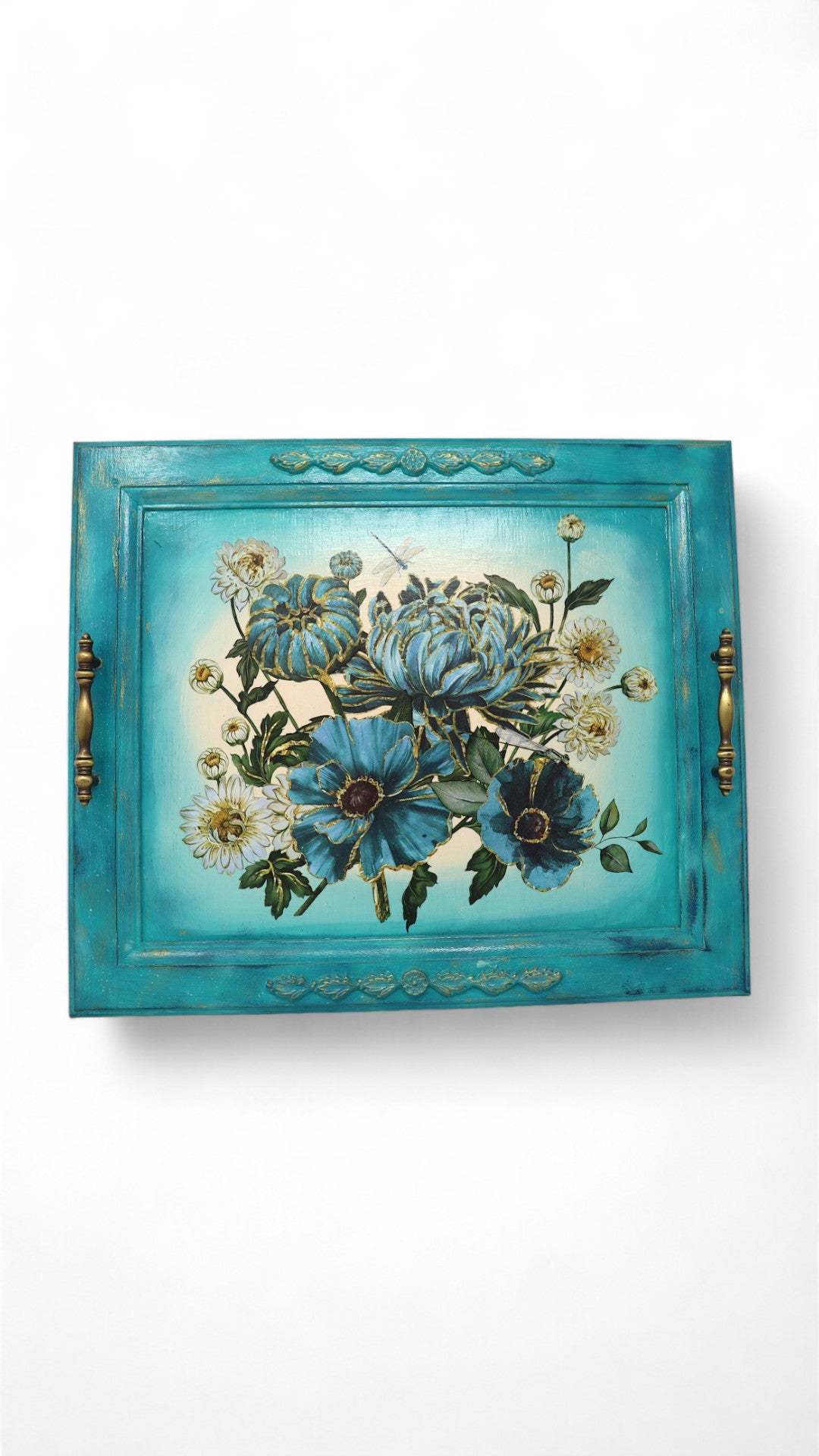 Upcycled Cabinet Door Serving Tray: Blue & White Floral Design