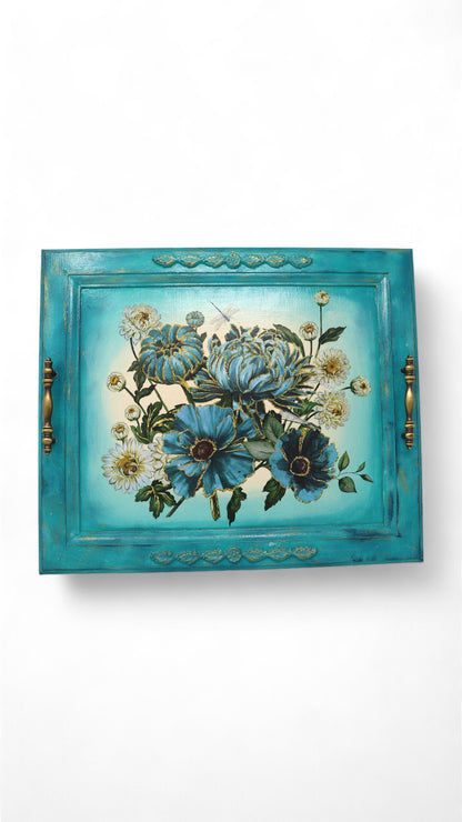 Upcycled Cabinet Door Serving Tray: Blue & White Floral Design