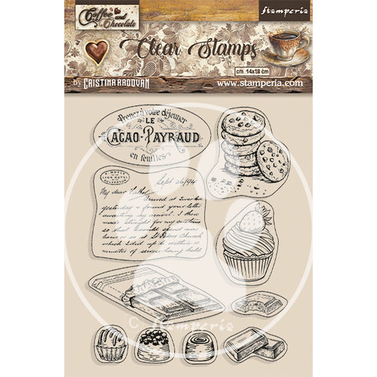 Stamperia Clear Acrylic Stamp 14x18 cm - Coffee and Chocolate, Chocolate Elements