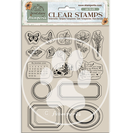 Stamperia Clear Acrylic Stamp 14x18 cm - Create Happiness Secret Diary, Labels