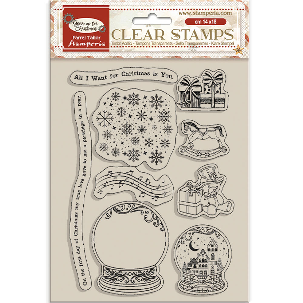 Stamperia Clear Acrylic Stamp 14x18 cm - Gear Up For Christmas, Snowglobes