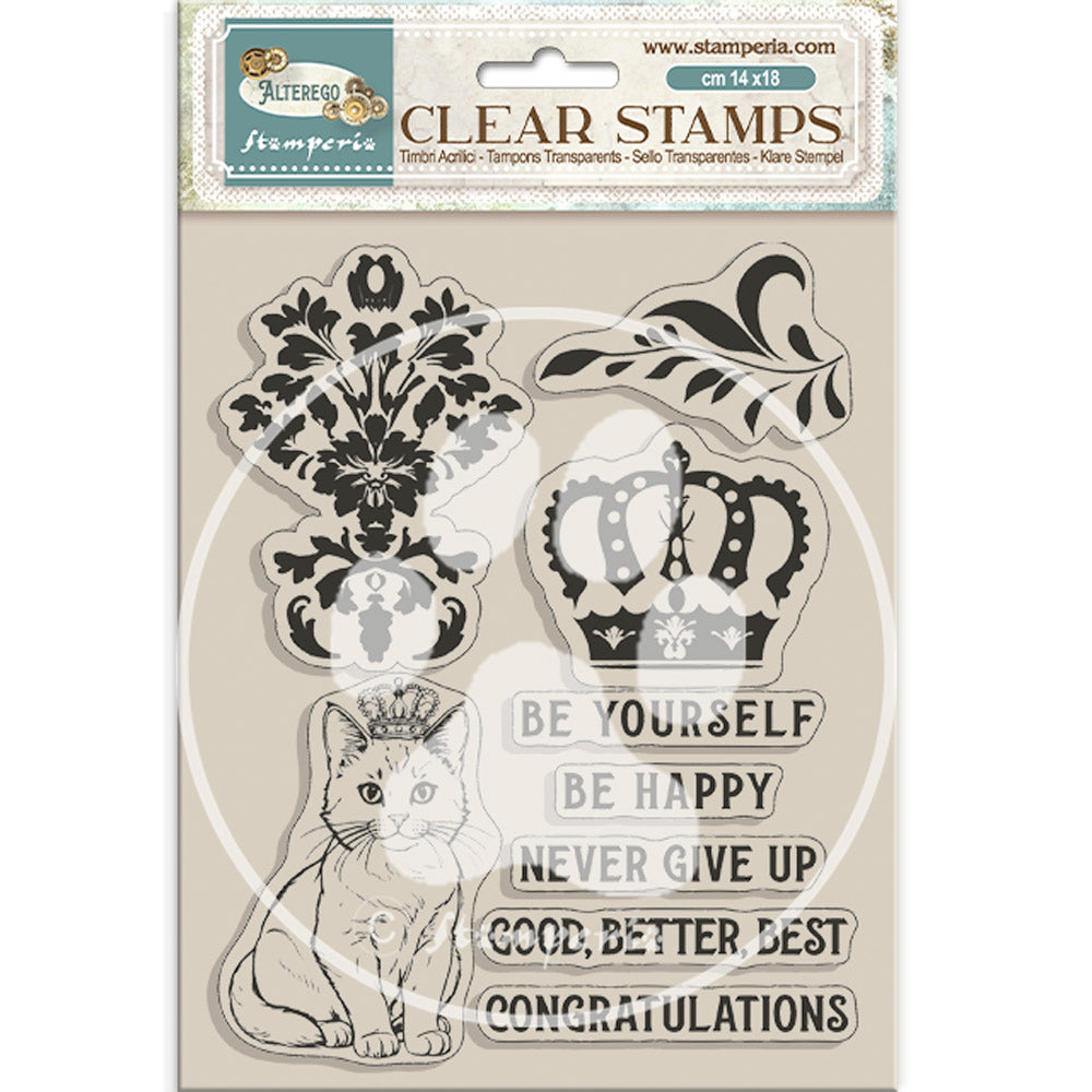 Stamperia Clear Acrylic Stamp 14x18 cm - Alterego, Crown and Cat