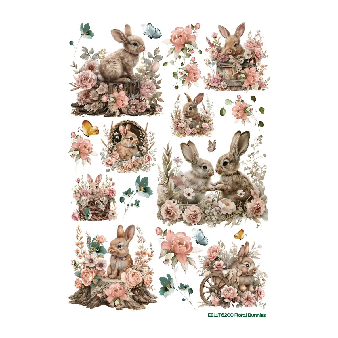 Wet Transfer, Decals for Crafts- Floral Bunnies