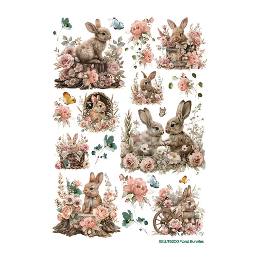 Wet Transfer, Decals for Crafts- Floral Bunnies