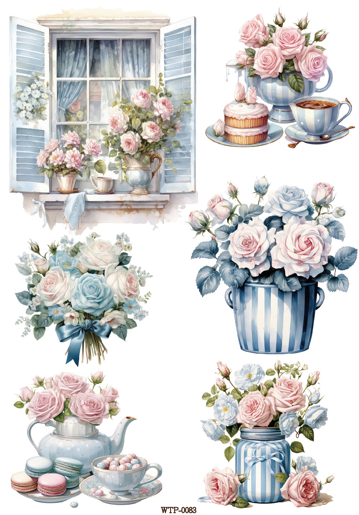 Wet Transfers A4- Blue Stripes and Pink Roses