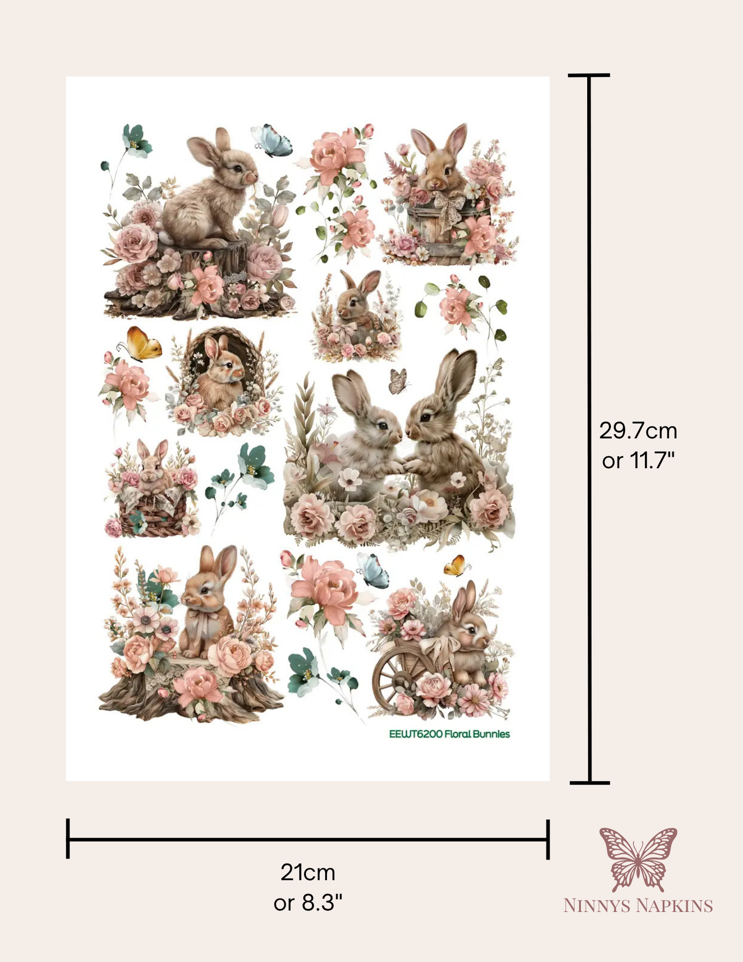 Wet Transfer, Decals for Crafts- Floral Bunnies