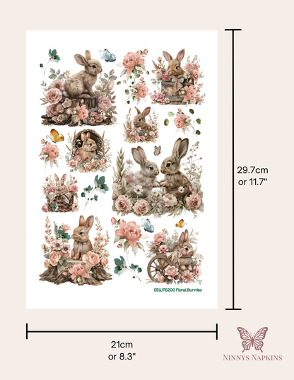 Wet Transfer, Decals for Crafts- Floral Bunnies