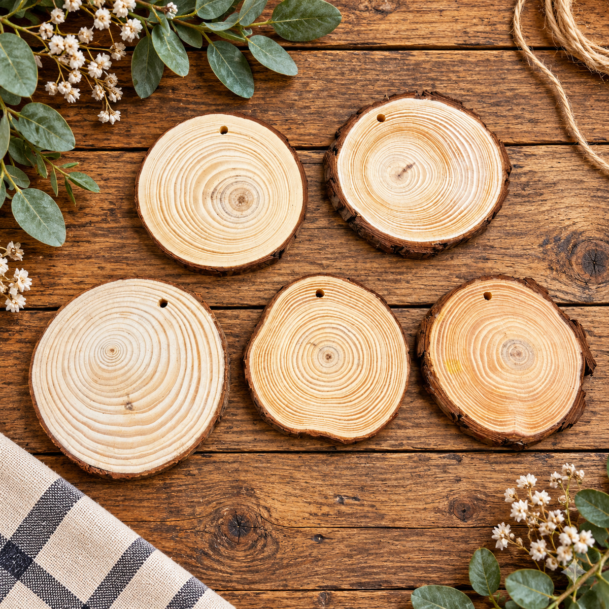Wood Slice Ornaments 2.3" - 3.1" - set of 5