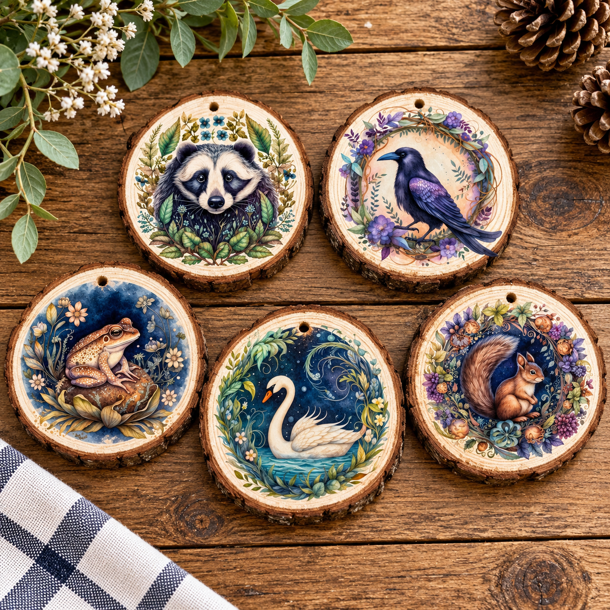 Wood Slice Ornaments 2.3" - 3.1" - set of 5
