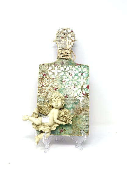 Handmade Decorative Wall Hanging Cutting Board: Cherub with Gold Accents