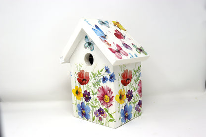 One-of-a-Kind Decoupage Birdhouse: Bright Flowers on White