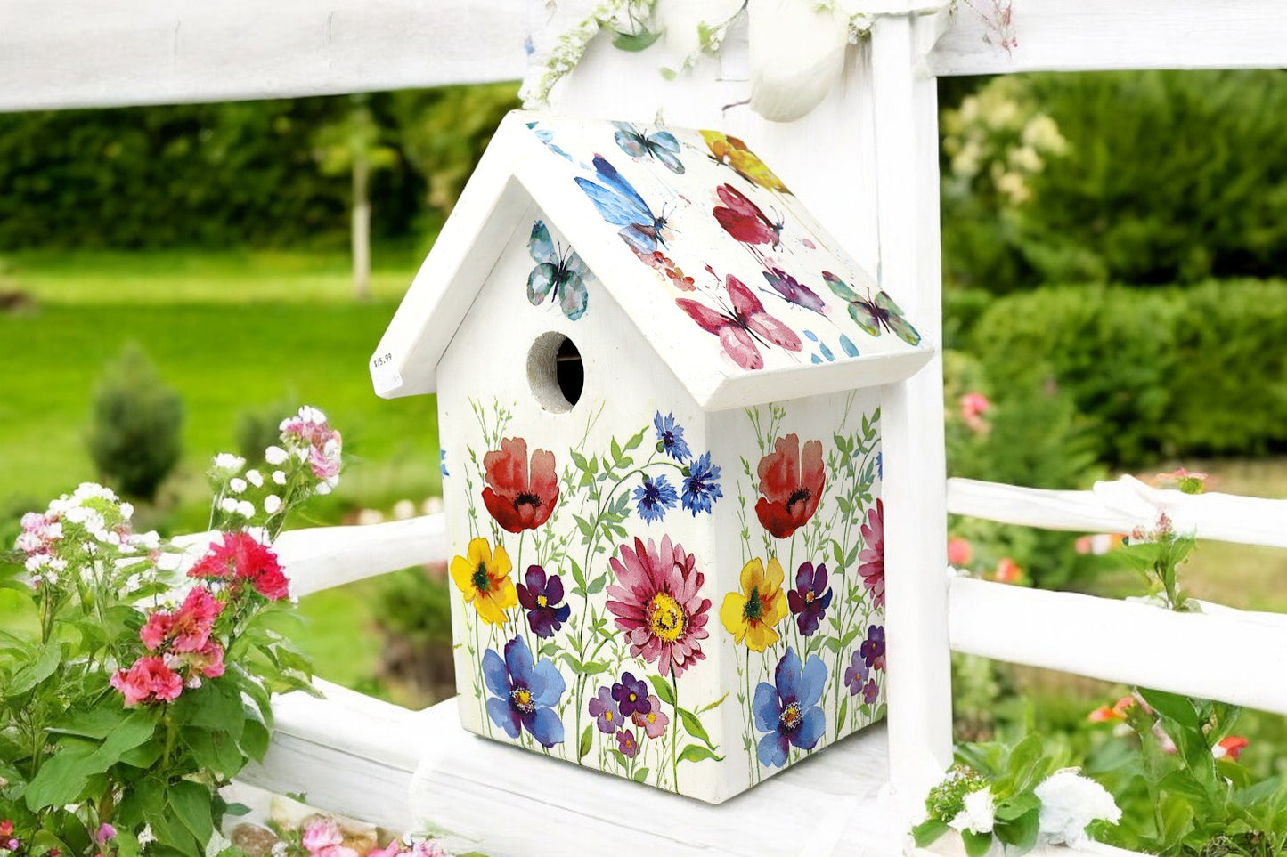 One-of-a-Kind Decoupage Birdhouse: Bright Flowers on White