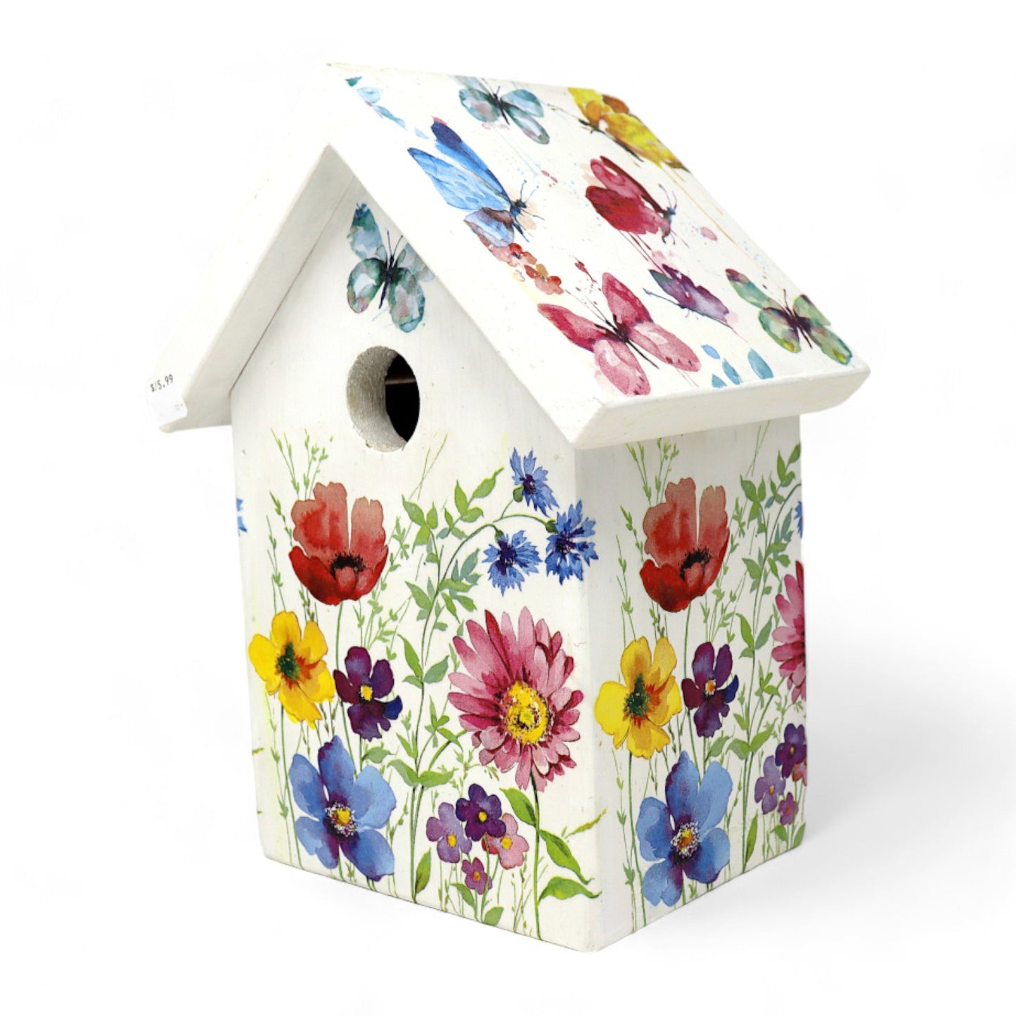 One-of-a-Kind Decoupage Birdhouse: Bright Flowers on White