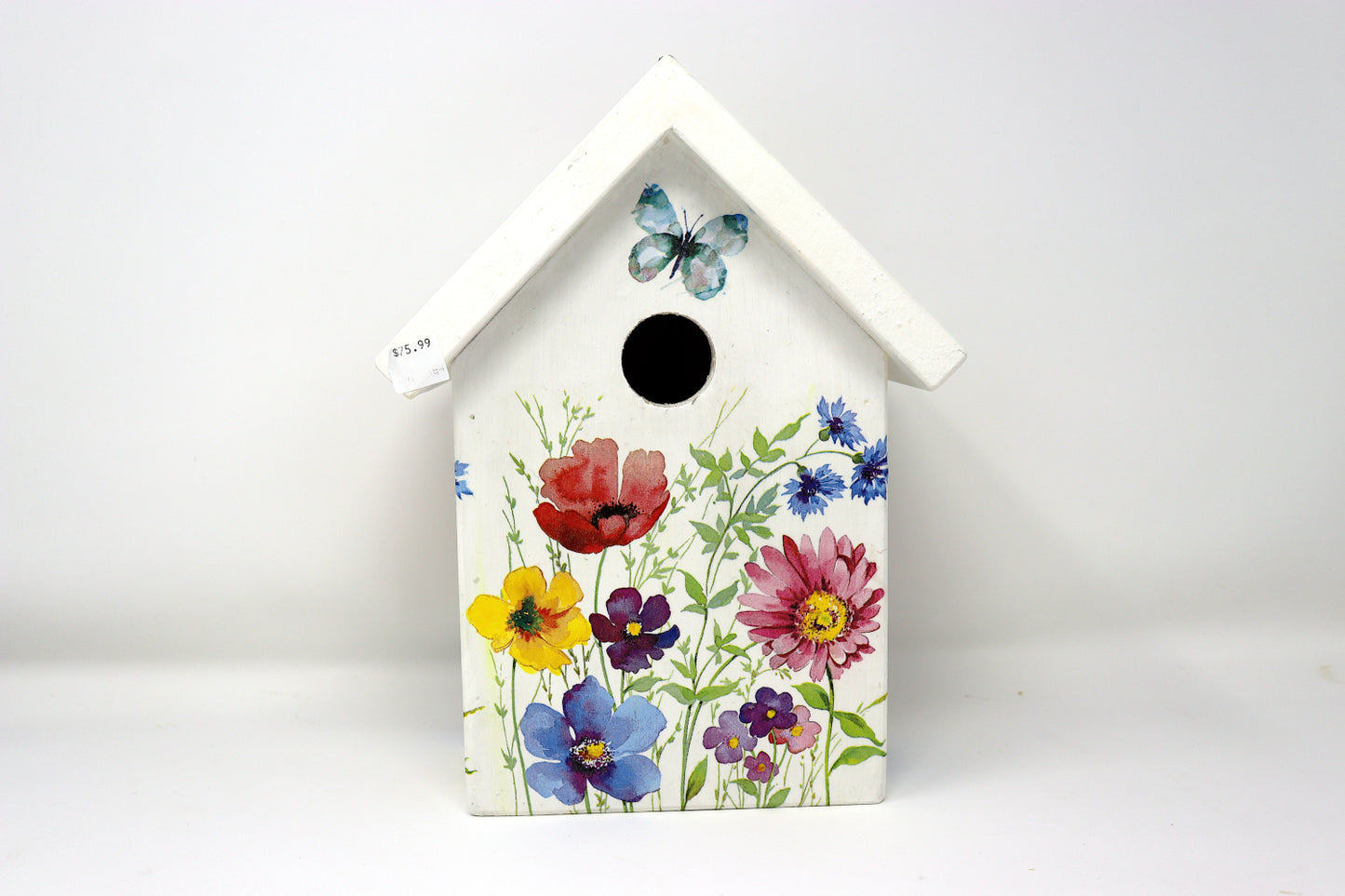 One-of-a-Kind Decoupage Birdhouse: Bright Flowers on White