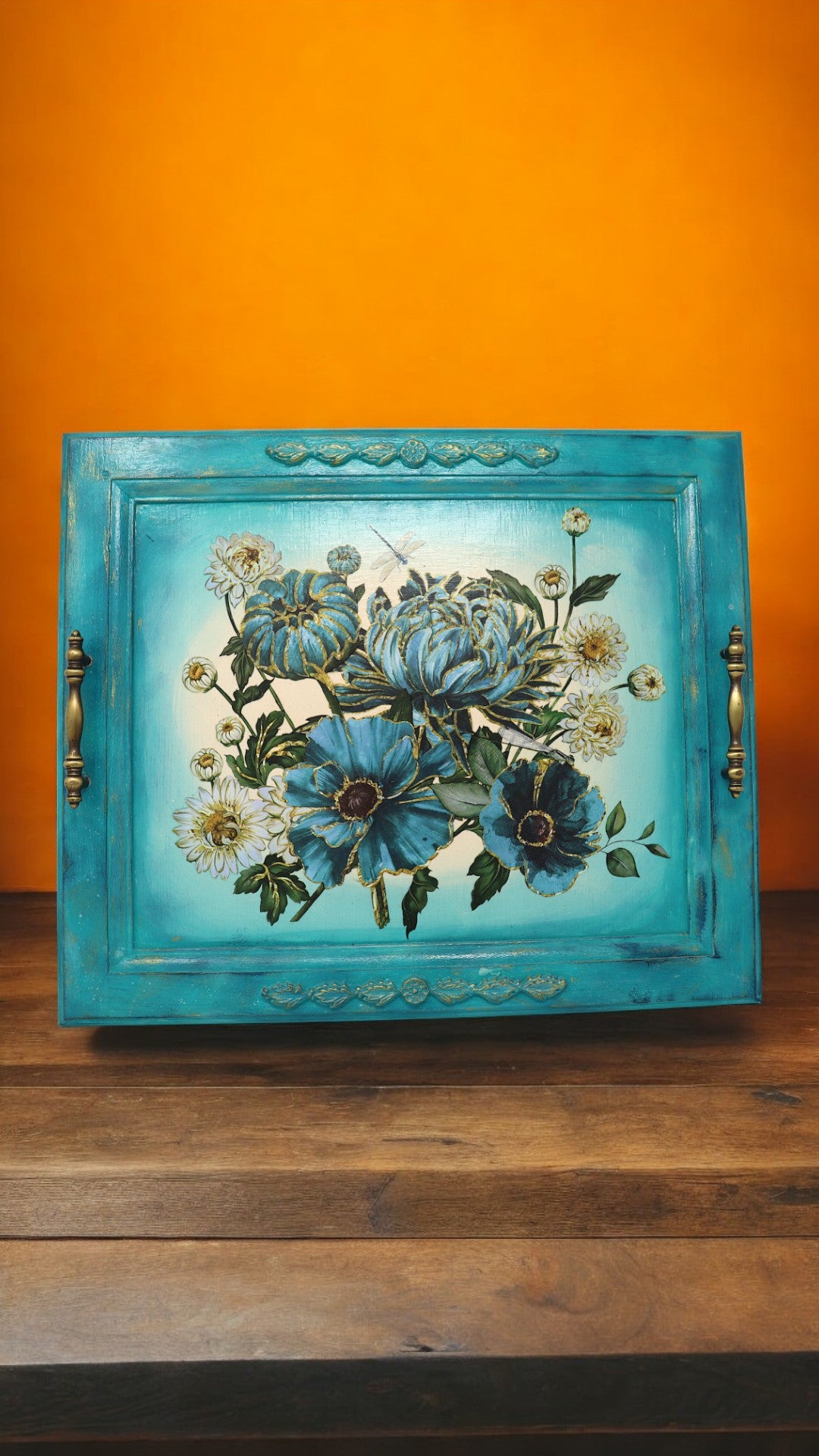 Upcycled Cabinet Door Serving Tray: Blue & White Floral Design