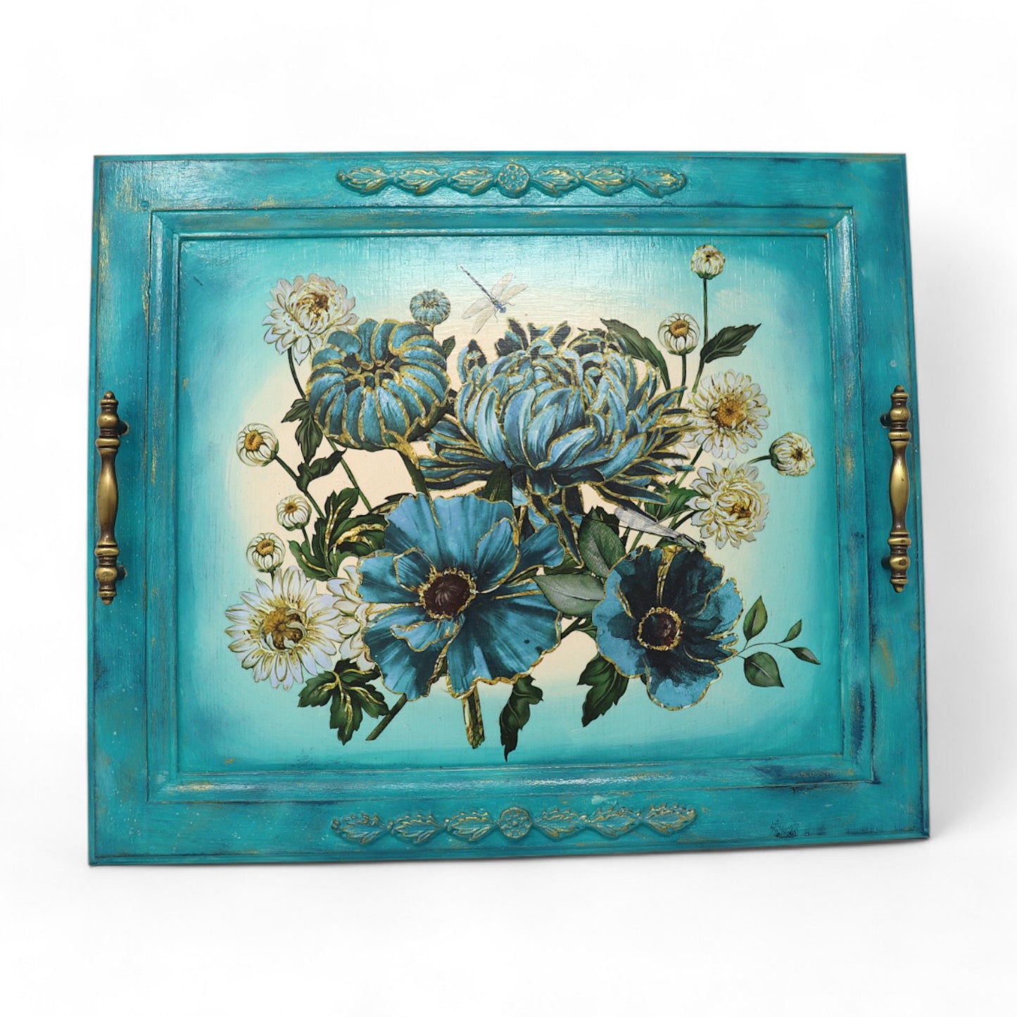 Upcycled Cabinet Door Serving Tray: Blue & White Floral Design