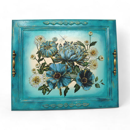 Upcycled Cabinet Door Serving Tray: Blue & White Floral Design