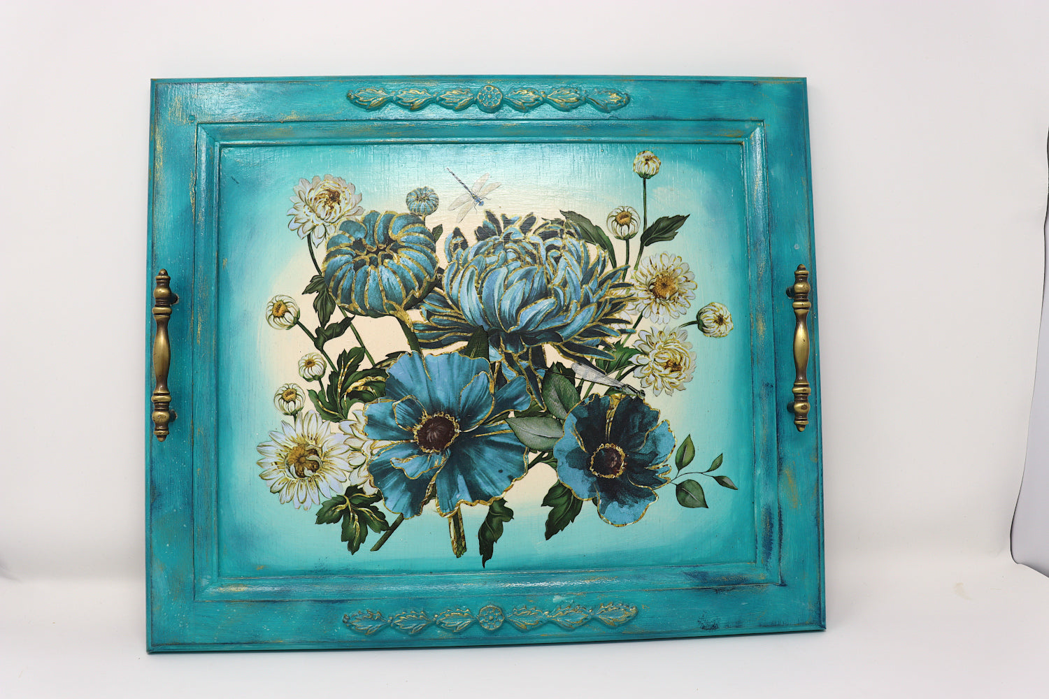 Upcycled Cabinet Door Serving Tray: Blue & White Floral Design