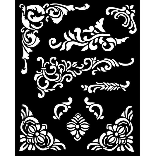 Stamperia Thick Stencil - Vintage Library Corners and Embellishment