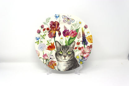 Handmade - Decoupaged Cat & Floral Plate