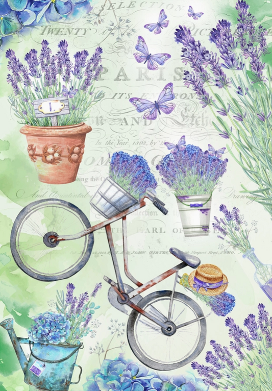 European Excellency Decoupage Rice Paper A4 - Lavender Bike