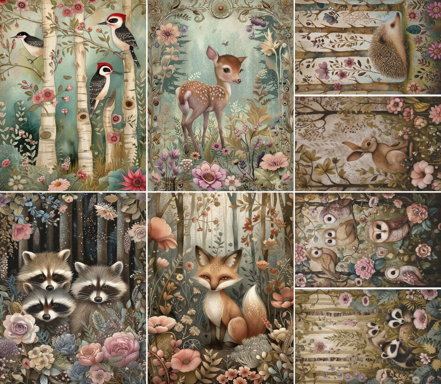Decoupage Rice Paper Set of 6 - Cute Forest Animals