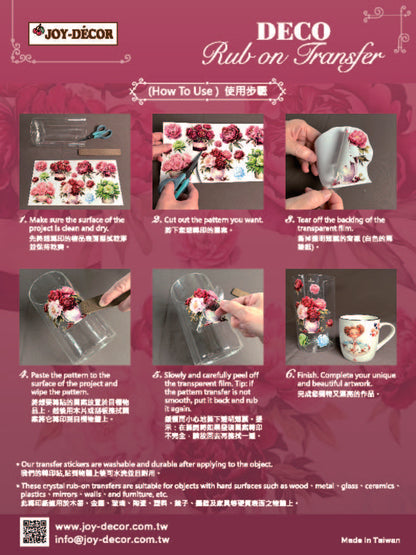 Instructions for using a DECO rub-on transfer on a purple background with JOY-DECOR branding.