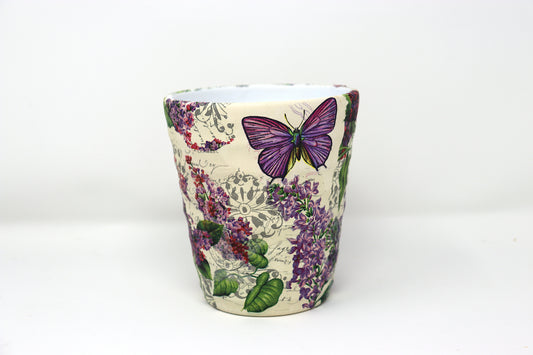 Decoupaged Flower Cachepot: Purple Lilacs & Butterfly Design