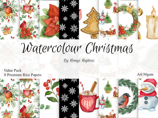Ninny's Rice Paper A4 Value Pack of 8 - Watercolour Christmas