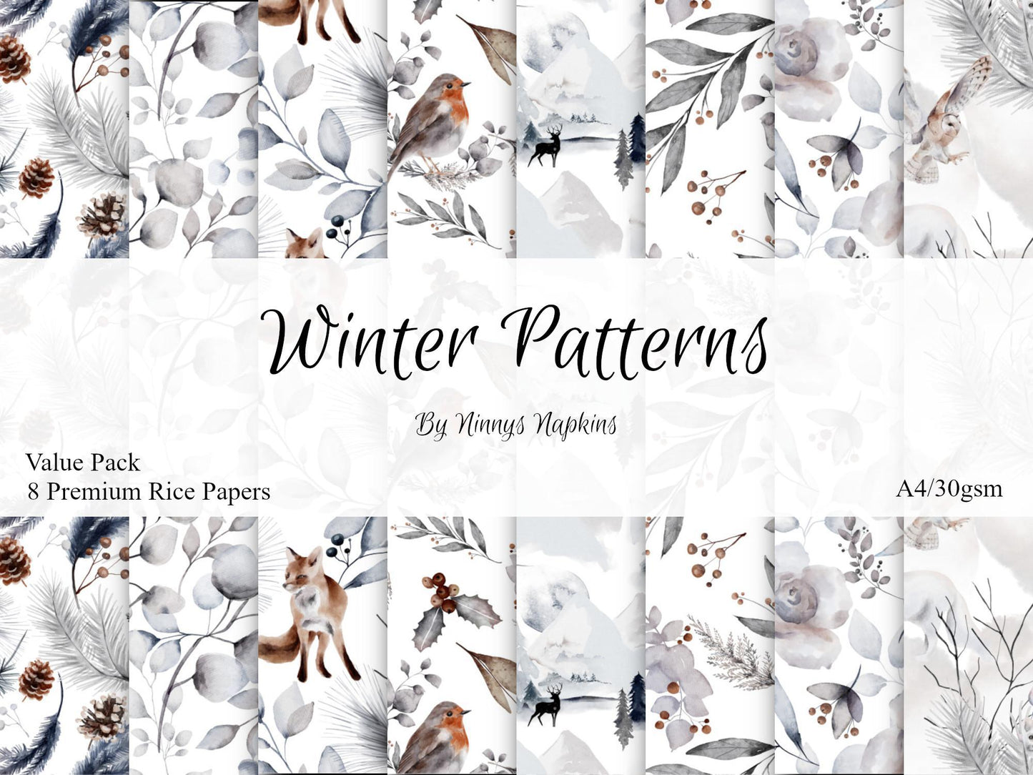 Ninny's Rice Paper A4 Value Pack of 8 - Winter Patterns