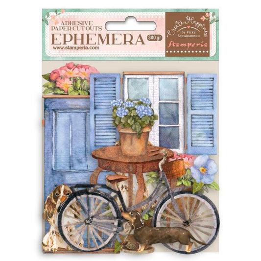 Stamperia Adhesive Ephemera - Create Happiness Welcome Home, Bicycles and Flowers
